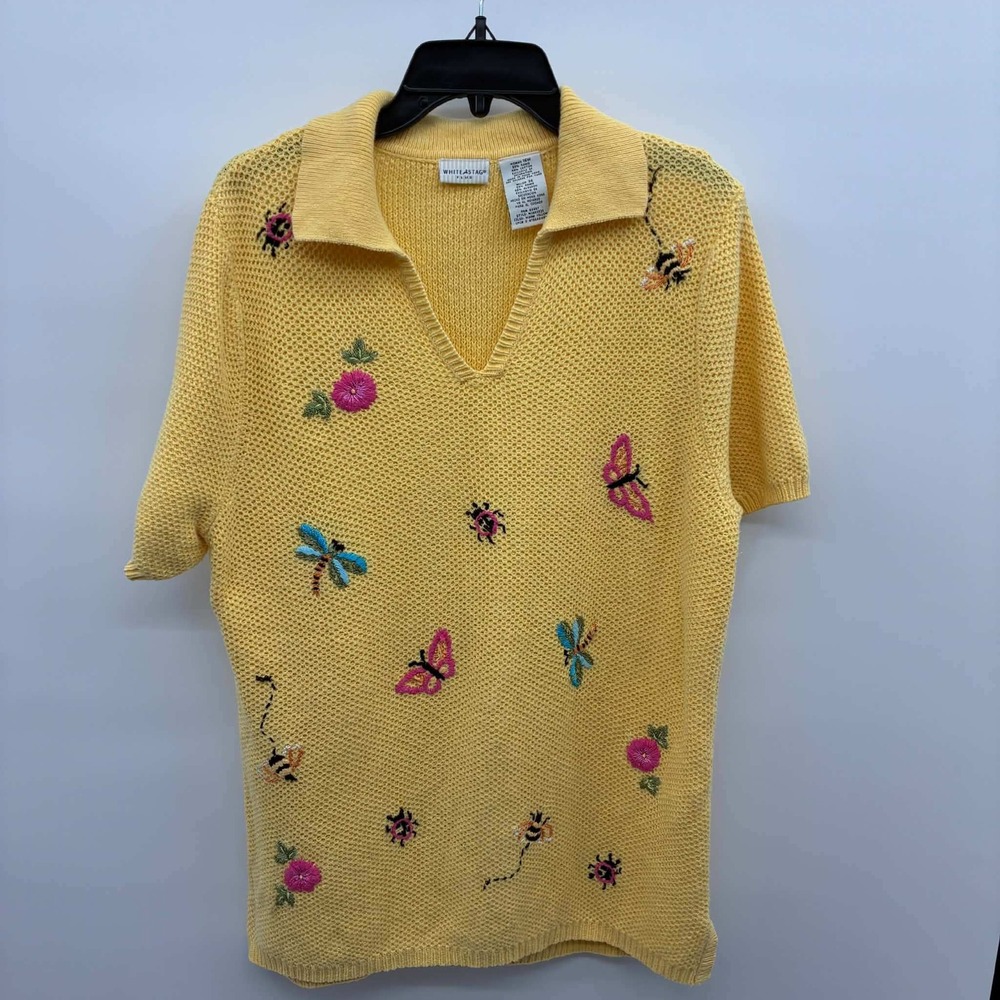 White Stag Plus Sweater Womens 16W Yellow Embroidered Butterfly Bee Ramie Cotton